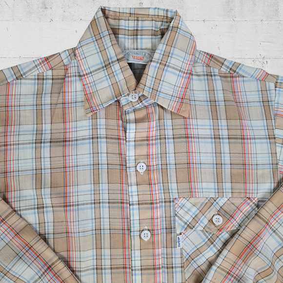 70s Vintage Levi's Tan Plaid Retro Casual Classic Button Down Shirt Size XS - Picture 2 of 8